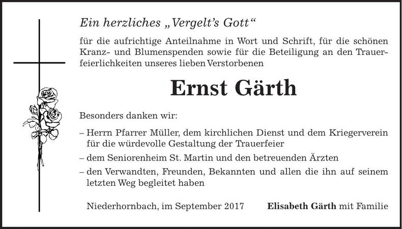 Traueranzeige Ernst Gärth
