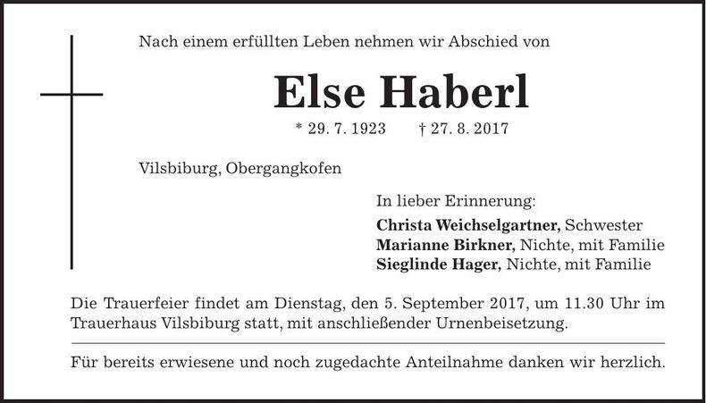 Traueranzeige Else Haberl