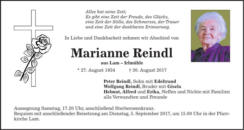 Traueranzeige Marianne Reindl