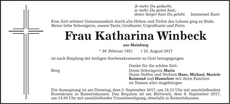 Traueranzeige Katharina Winbeck