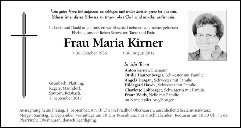 Traueranzeige Maria Kirner