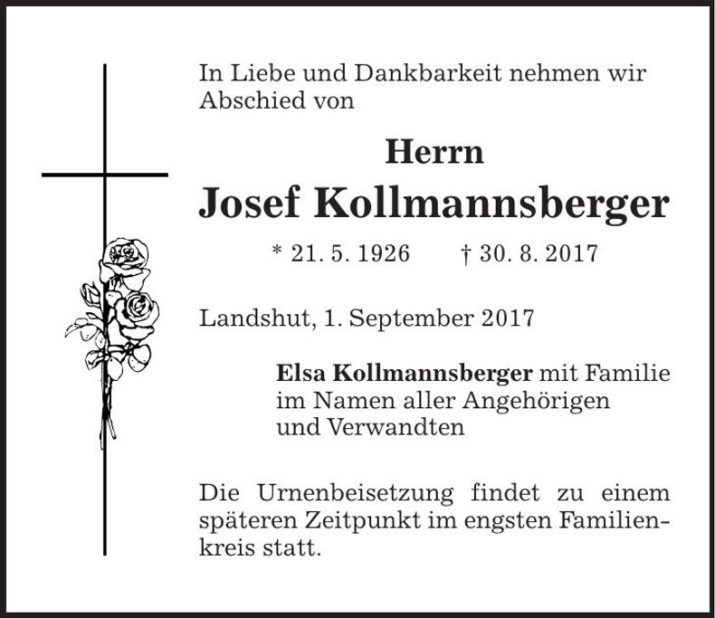 Traueranzeige Josef Kollmannsberger