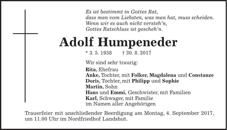 Traueranzeige Adolf Humpeneder
