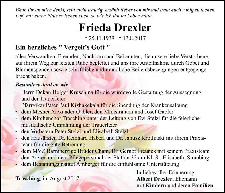 Traueranzeige Frieda Drexler