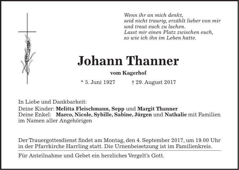 Traueranzeige Johann Thanner