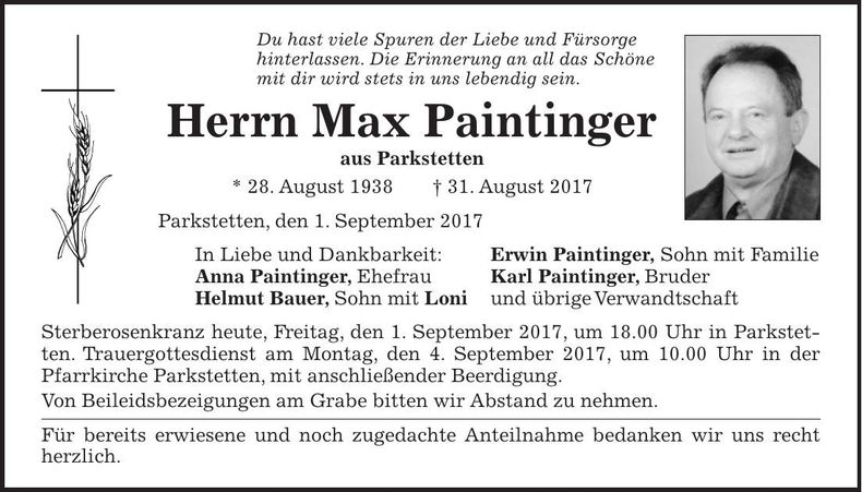 Traueranzeige Max Paintinger