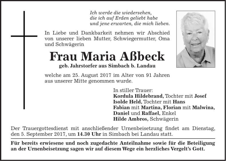 Traueranzeige Maria Aßbeck