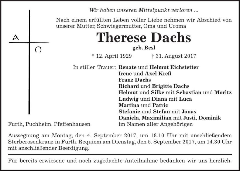 Traueranzeige Therese Dachs