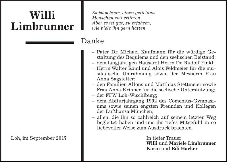 Traueranzeige Willi Limbrunner