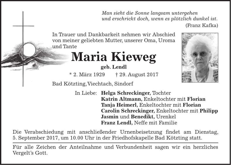 Traueranzeige Maria Kieweg
