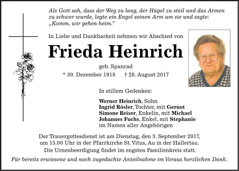 Traueranzeige Frieda Heinrich