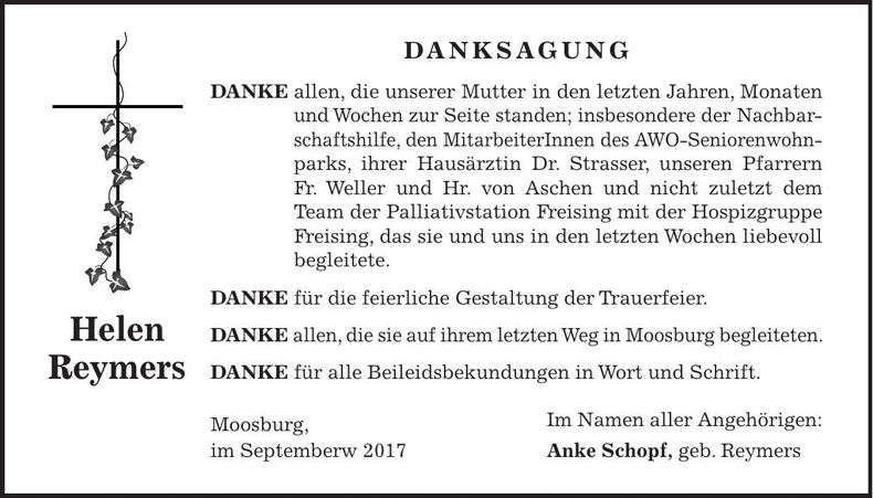 Traueranzeige Helen Reymers