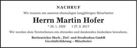 Traueranzeige Martin Hofer
