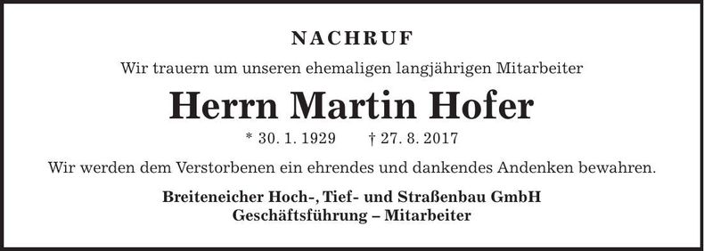 Traueranzeige Martin Hofer