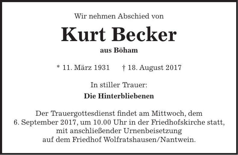 Traueranzeige Kurt Becker