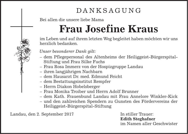 Traueranzeige Josefine Kraus