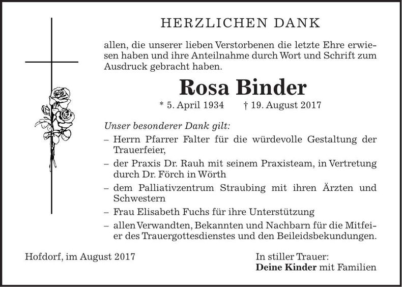 Traueranzeige Rosa Binder