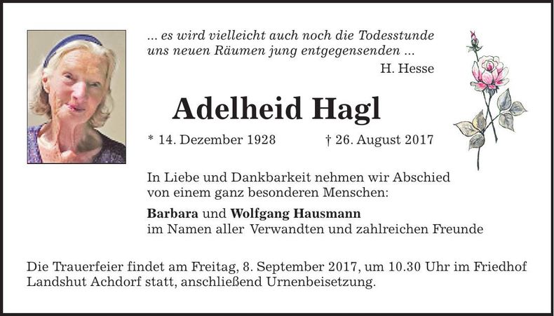 Traueranzeige Adelheid Hagl