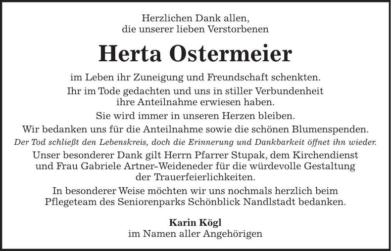 Traueranzeige Herta Ostermeier