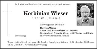 Traueranzeige Korbinian Wieser