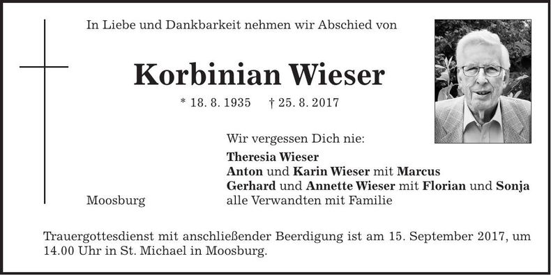 Traueranzeige Korbinian Wieser