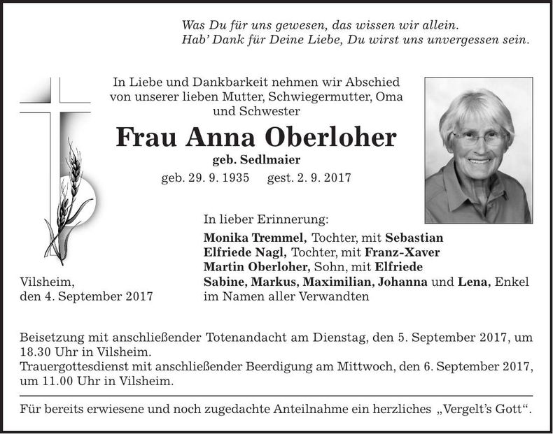 Traueranzeige Anna Oberloher