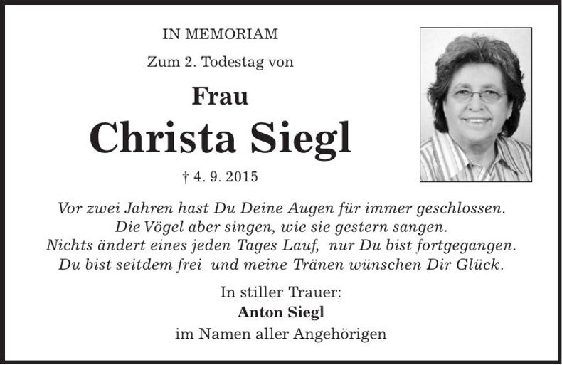 Traueranzeige Christa Siegl