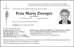 Traueranzeige Maria Zwerger