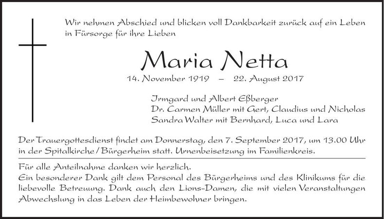 Traueranzeige Maria Netta