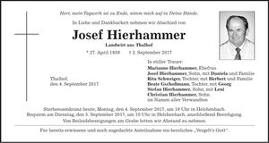 Traueranzeige Josef Hierhammer