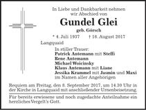 Traueranzeige Gundel Glei