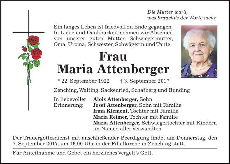 Traueranzeige Maria Attenberger
