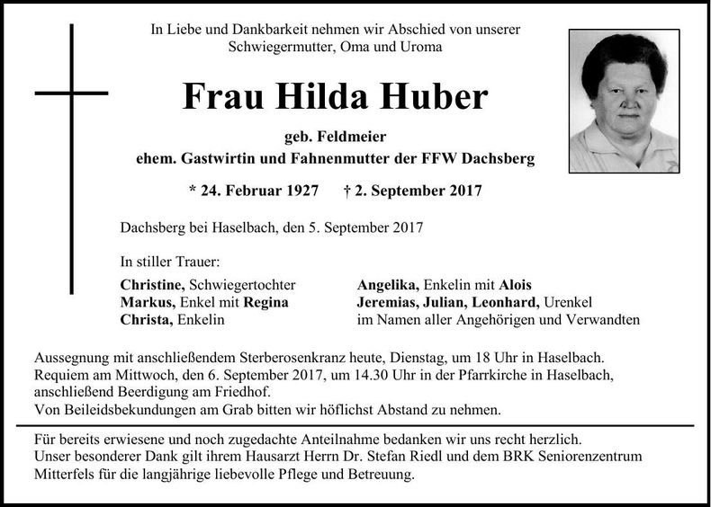 Traueranzeige Hilda Huber