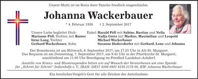 Traueranzeige Johanna Wackerbauer