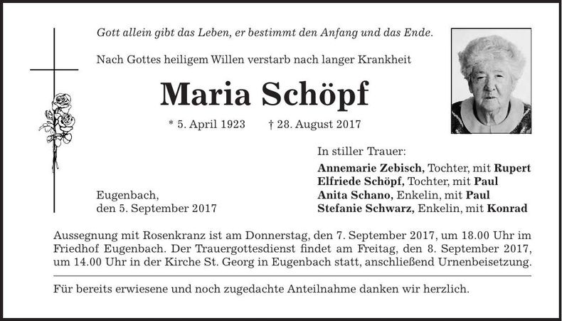Traueranzeige Maria Schöpf