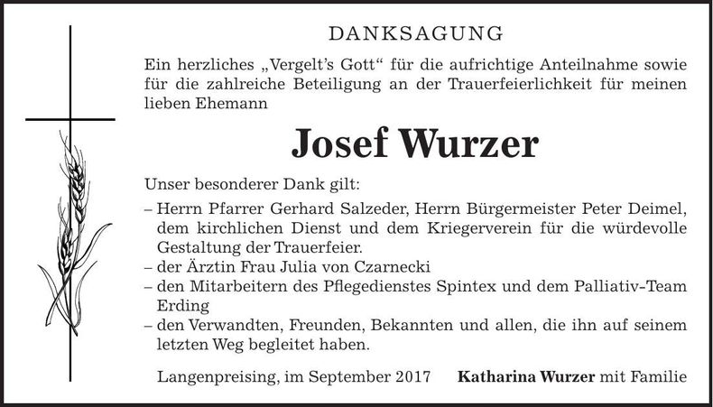 Traueranzeige Josef Wurzer