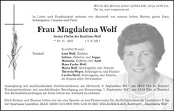 Traueranzeige Magdalena Wolf