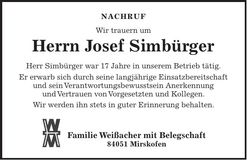 Traueranzeige Josef Simbürger