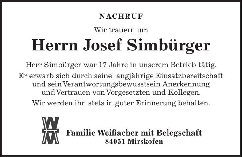Traueranzeige Josef Simbürger