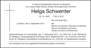 Traueranzeige Helga Schwenter