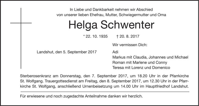 Traueranzeige Helga Schwenter