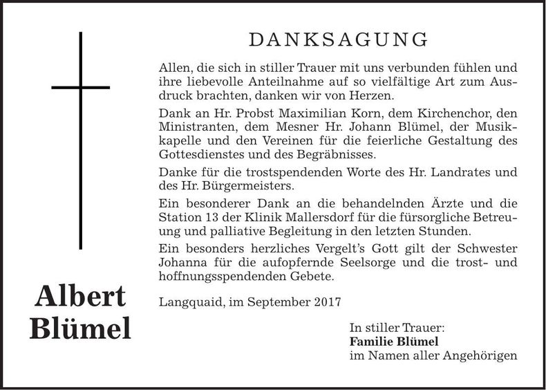 Traueranzeige Albert Blümel