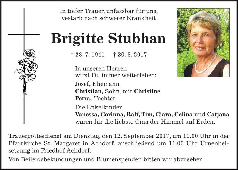Traueranzeige Brigitte Stubhan
