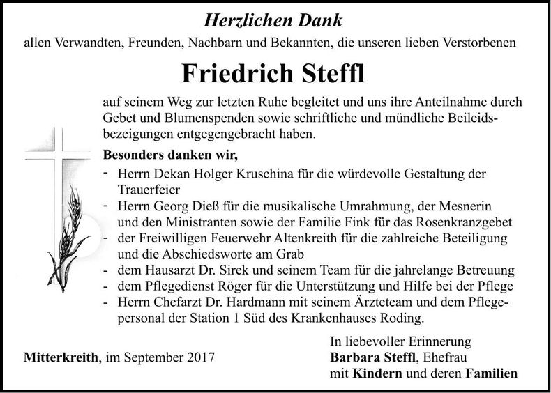 Traueranzeige Friedrich Steffl