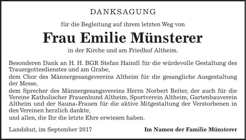 Traueranzeige Emilie Münsterer