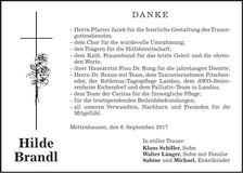 Traueranzeige Hilde Brandl