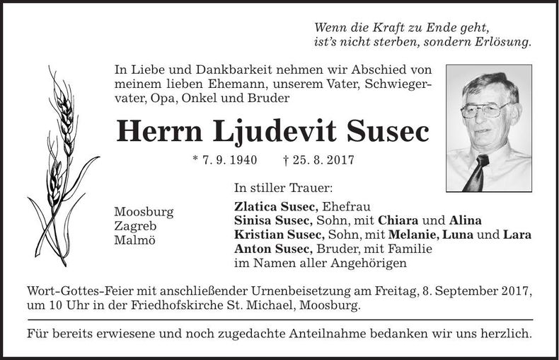 Traueranzeige Ljudevit Susec