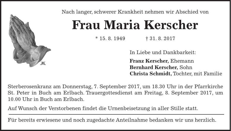 Traueranzeige Maria Kerscher