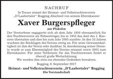 Traueranzeige Xaver Burgerspfleger