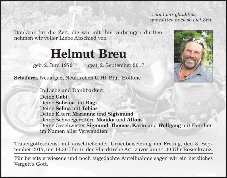 Traueranzeige Helmut Breu